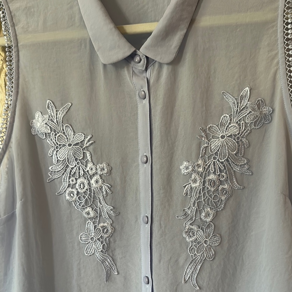 REITMANS | Vintage Embroidered Sleeveless Blue Button Up Sheer Blouse Top - Picture 4 of 12